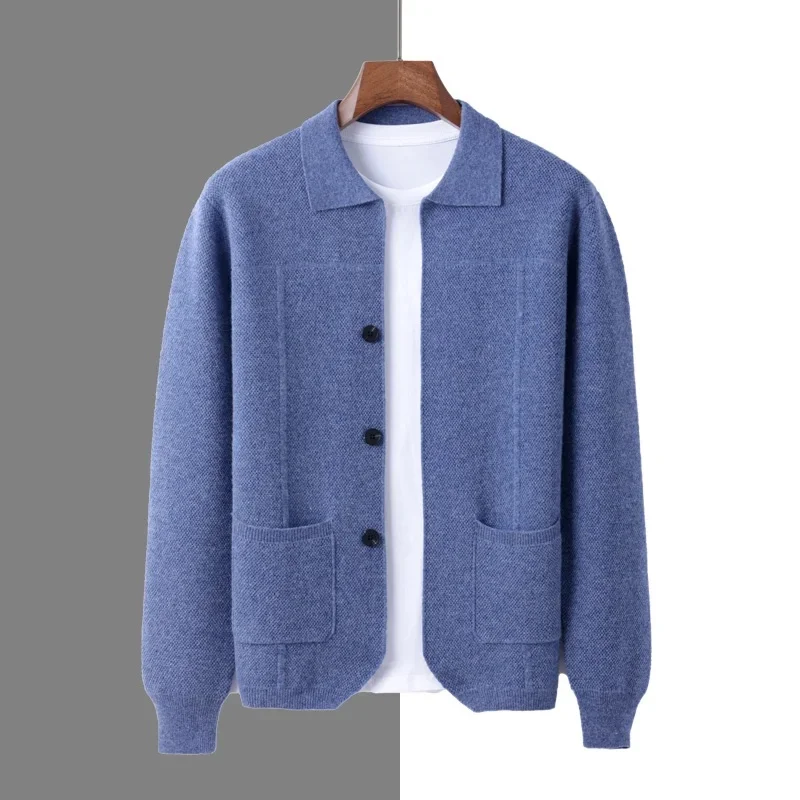 100% Merinowol Heren Revers Kraag Gebreid Vest Herfst Winter Dikker Effen Kleur Polo Hals Pak Shirt Kasjmier Jas trui - afbeelding 2