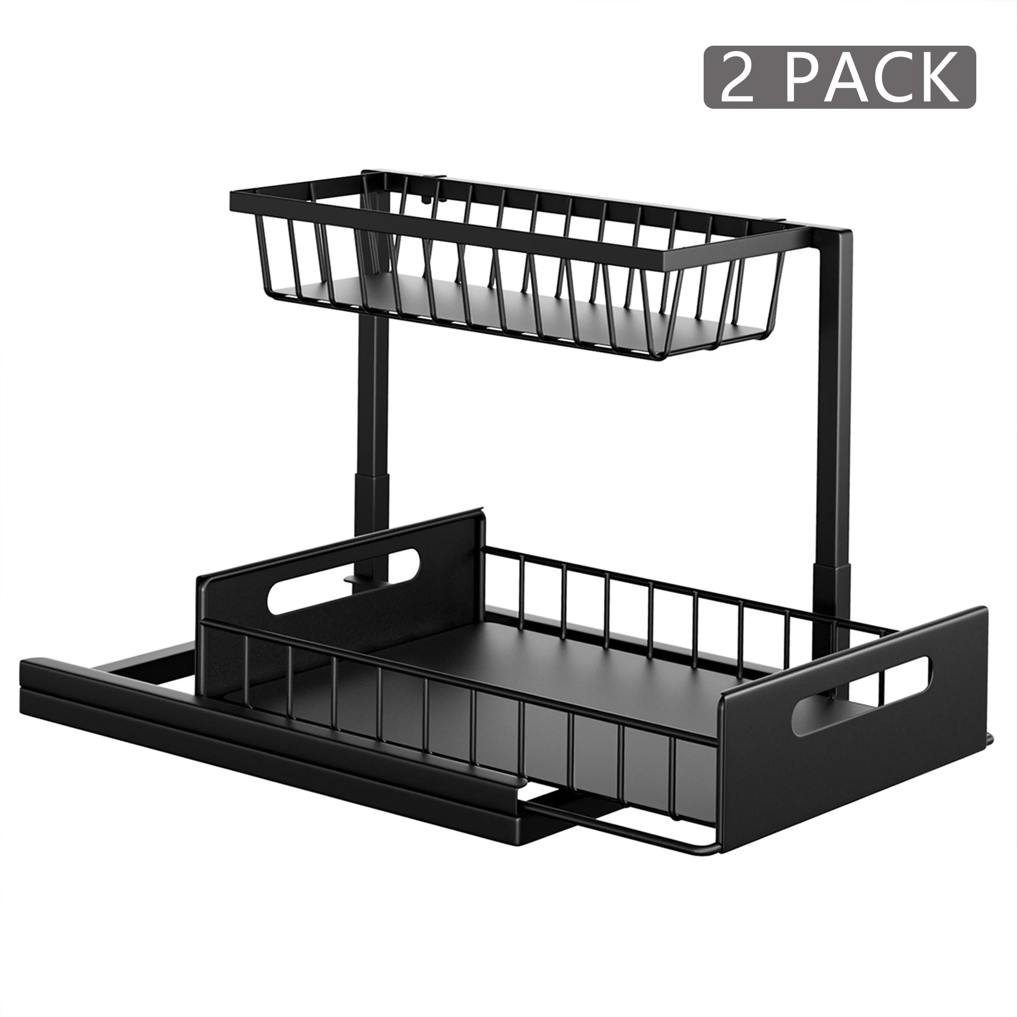 Premium onderkast organizer 2-pack, schuifbare kastlade, robuuste metalen schuifbare keukenorganizerhouder voor ruimtebesparing in de badkamer of voorraadkast.