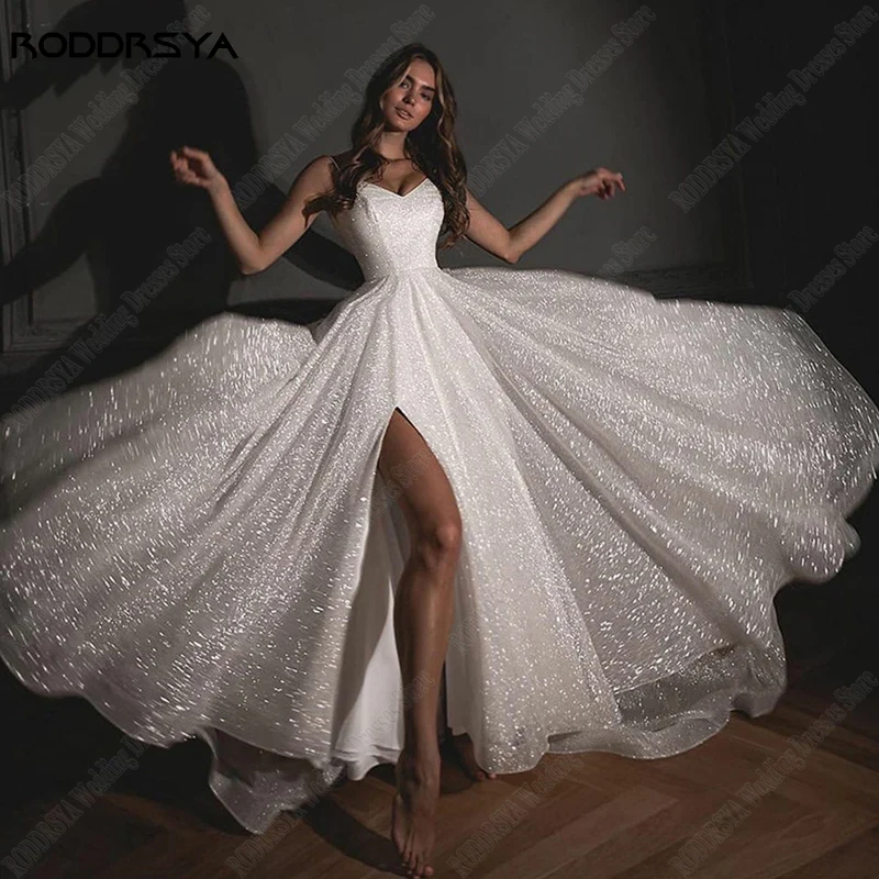 

RODDRSYA Spaghetti Straps V-Neck Sparkling Wedding Dresses Side Split Glitter Bridal Party Gowns Custom Made Hochzeitskleid