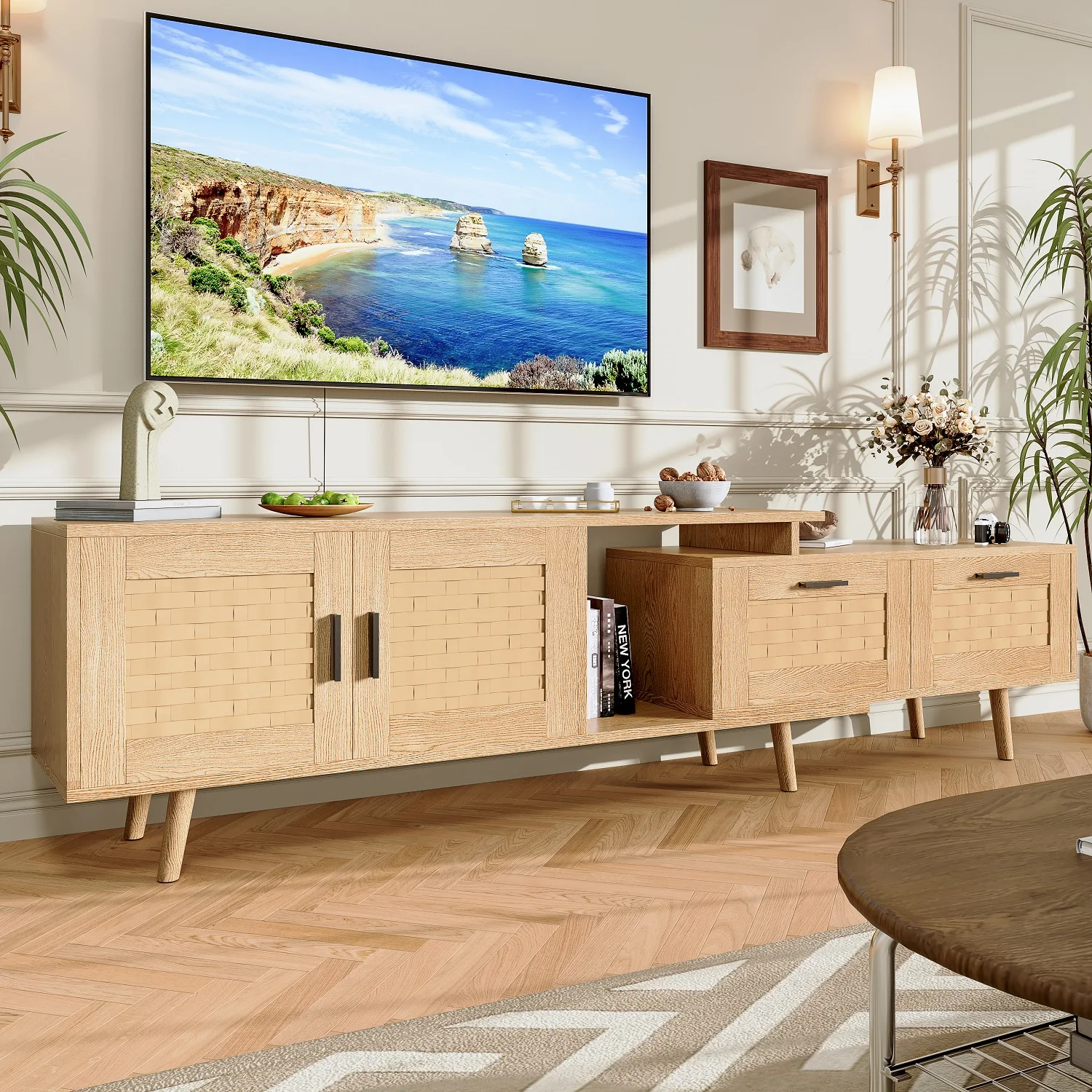 Rrotin Mobile TV, mobile TV in legno elasticizzato cm con 2 cassetti e 2 ante, aspetto legno e rtin, fino a 75 pollici