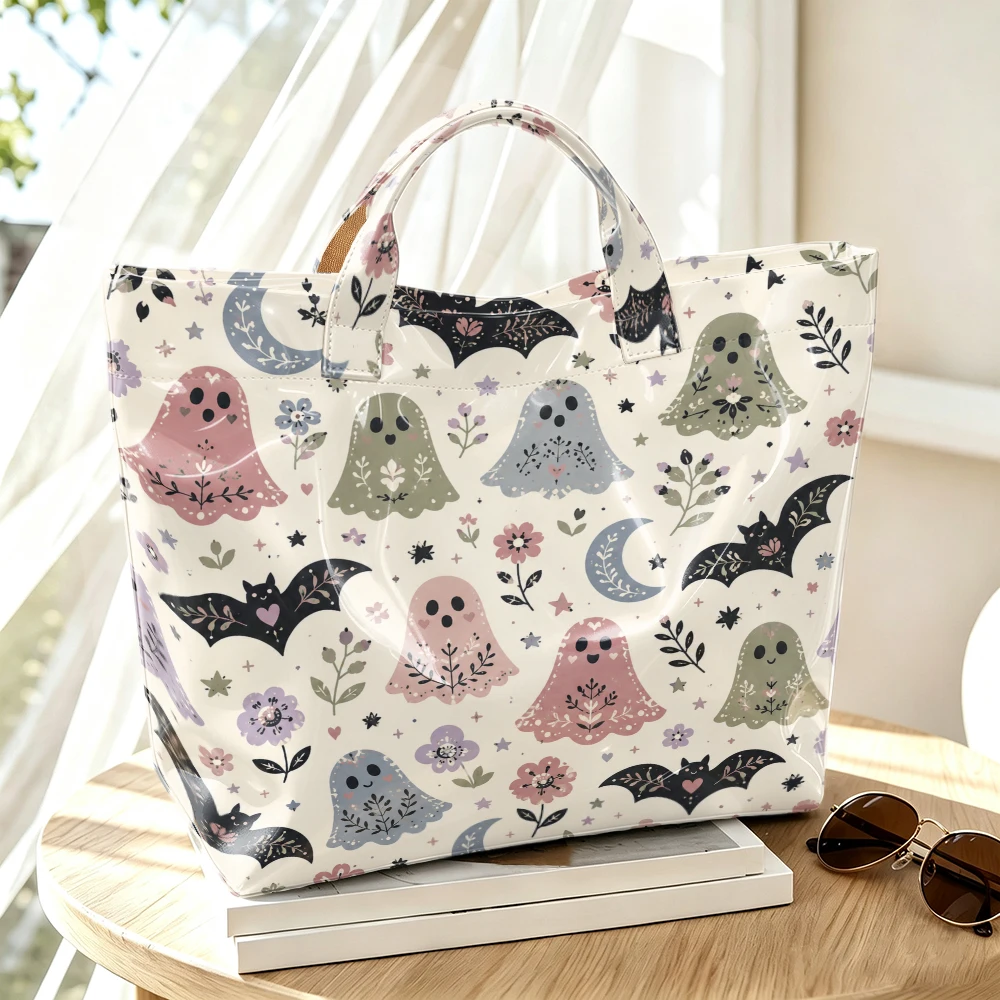 1pc Cute Pastel Ghost Bat Moon Floral Print Women Tote Bag Handbag, Halloween Aesthetic Large Capacity Ladies Hand Tote Bag For Holiday Daily