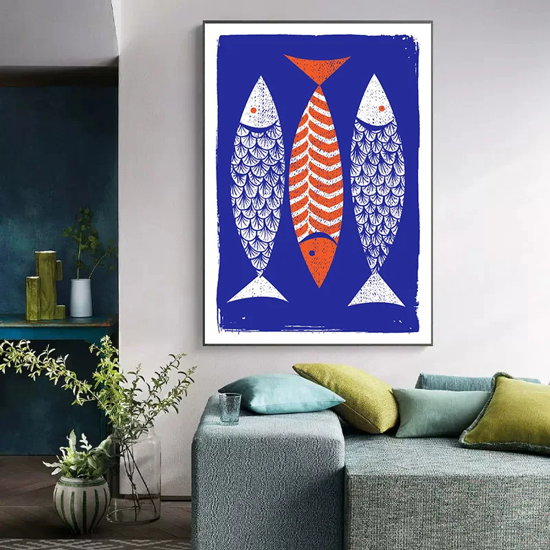 Modern 3 Fish Art Scandinavian Style Poster Print Canvas Painting Indigo Wall Art Coastal Kitchen Art Room Home Decoration