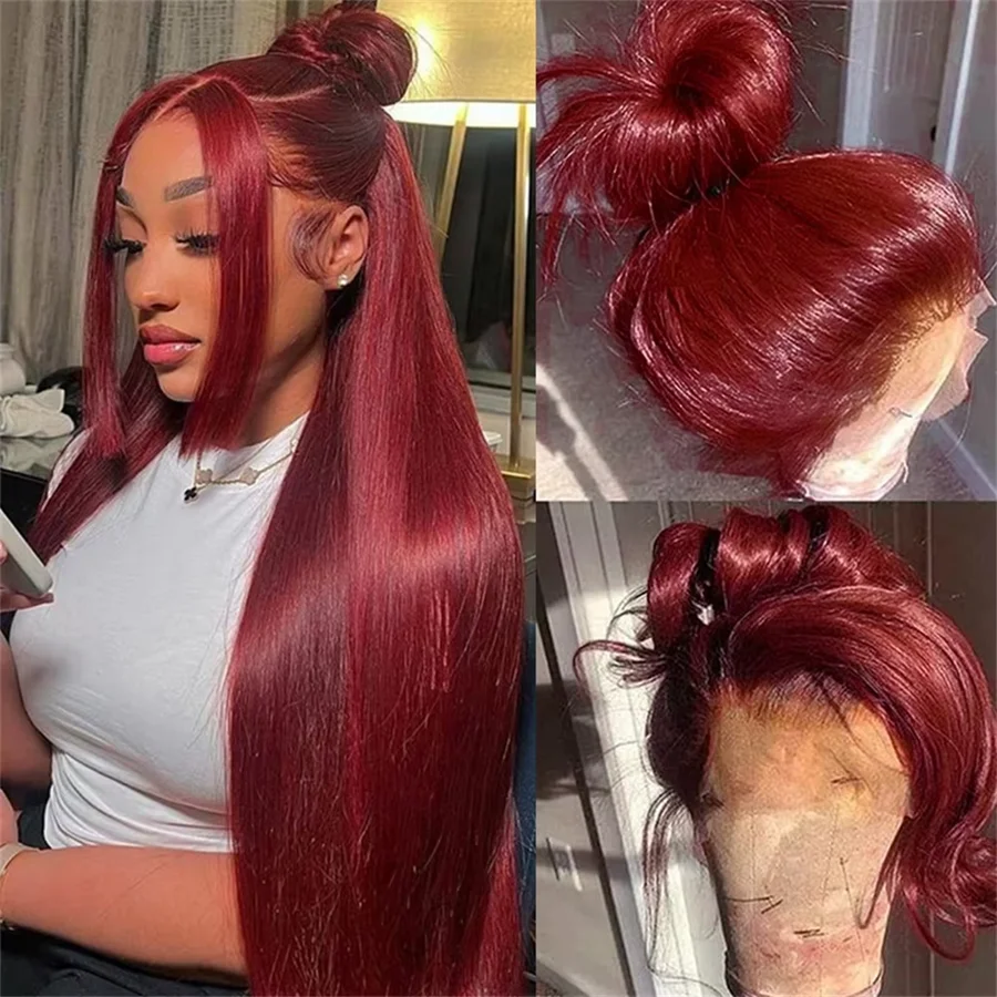 99J Burgundy Human Hair Lace Frontal Wig Bleached 100% Brazilian 13x4 Straight Red Colored Lace Front Human Hair Wigs For Women