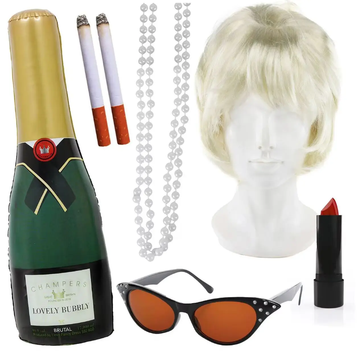 Adults Fabulous Lady Set - Beehive Wig, Glasses, Champagne Bottle, Pearls, Lipstick & Cigarettes - Classic British TV Costume