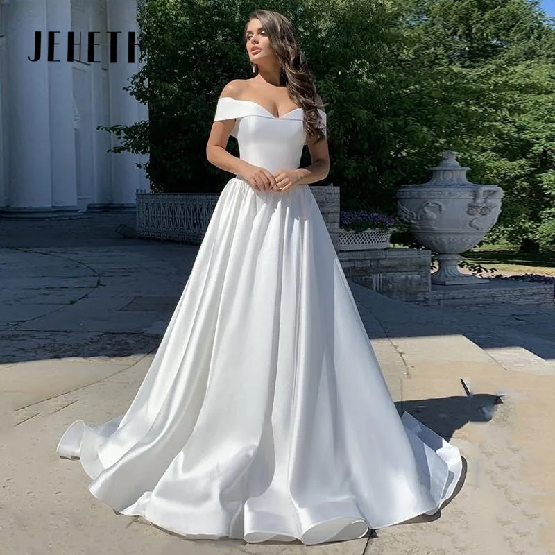 JEHETH Beach Satin Wedding Dresses Off The Shoulder Sweet Heart Bridal Gowns Sexy Backless Elegant A-LINE Princess Dress