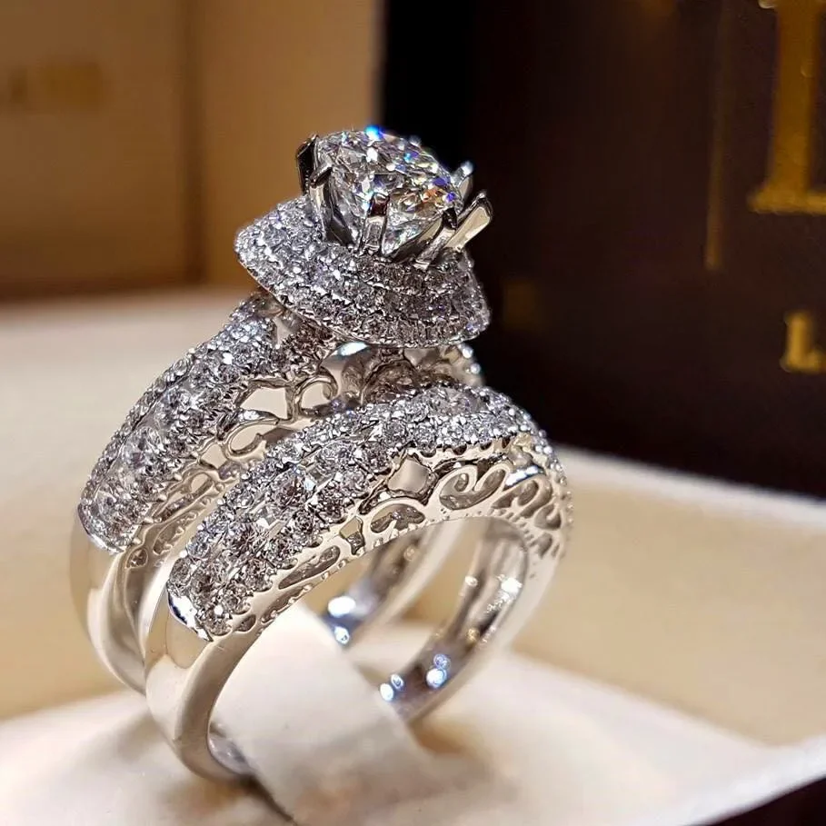 Luksusowe 925 Sterling Silver Crystal kobiet duża cyrkonia kamienny pierścień zestaw moda obrączki ślubne dla kobiet obietnica miłość pierścień — zdjęcie 2
