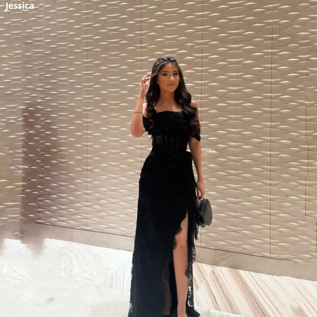 

Jessica Lace Embroidery Evening Dresses Black Sexy Side Slit Prom Dresses Princess A-line Vestidos De Gala Customized