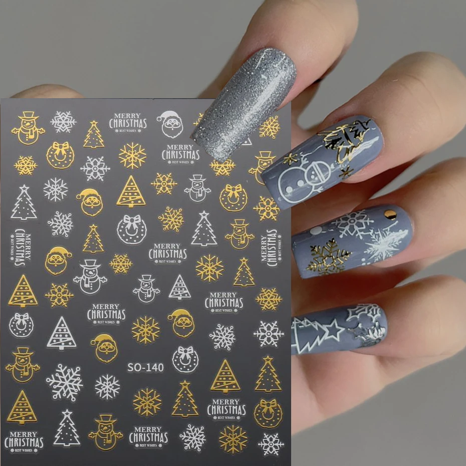 3D Christmas Nail Art Sticker Gold White Snowflake Elk Snowman Tree Water Transfer Nail Decal Decorative Accessories NLSO136-140