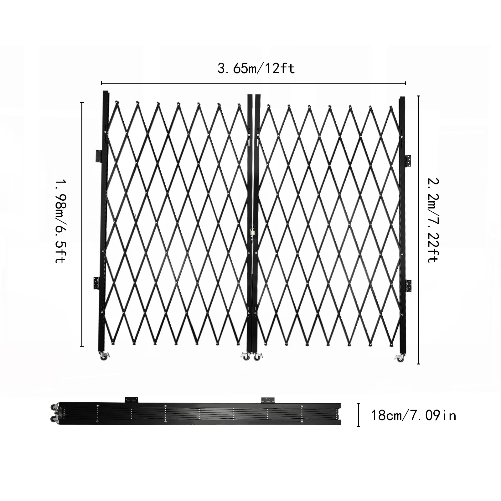 Portão de segurança dobrável duplo, portão dobrável de 87 "H x 150" W, portão de segurança de acordeão de aço, portão de segurança de expansão flexível