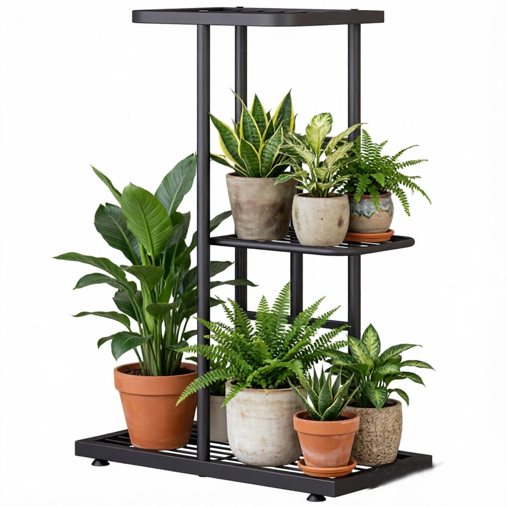 Support pour plantes, étagère à fleurs en métal à 3 niveaux pour 4 pots, support pour pot en fer antirouille, support de table pour fleurs, supports pour plantes d'angle en métal pour patio, jardin, balcon, salon, chambre, gris foncé