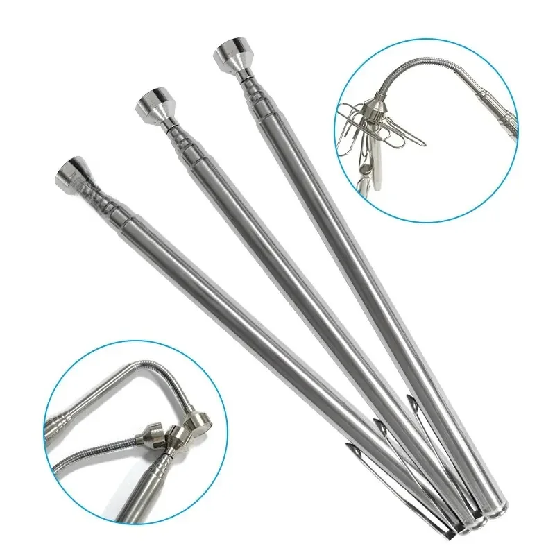 Portátil Rotatable Silver Magnetic Pickup, Pen Clip Retrátil, Magnet Suction Rod, Hand Tool