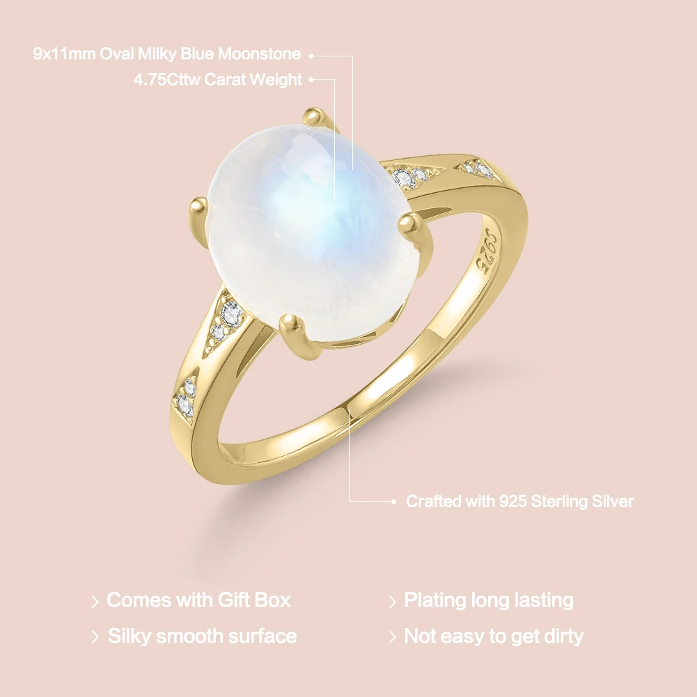 GEM'S BALLET Oval 9x11mm 4.75CT Milky Blue Moonstone Vintage Engagement Ring in 925 Sterling Silver 18K Gold Plated Gift For Her