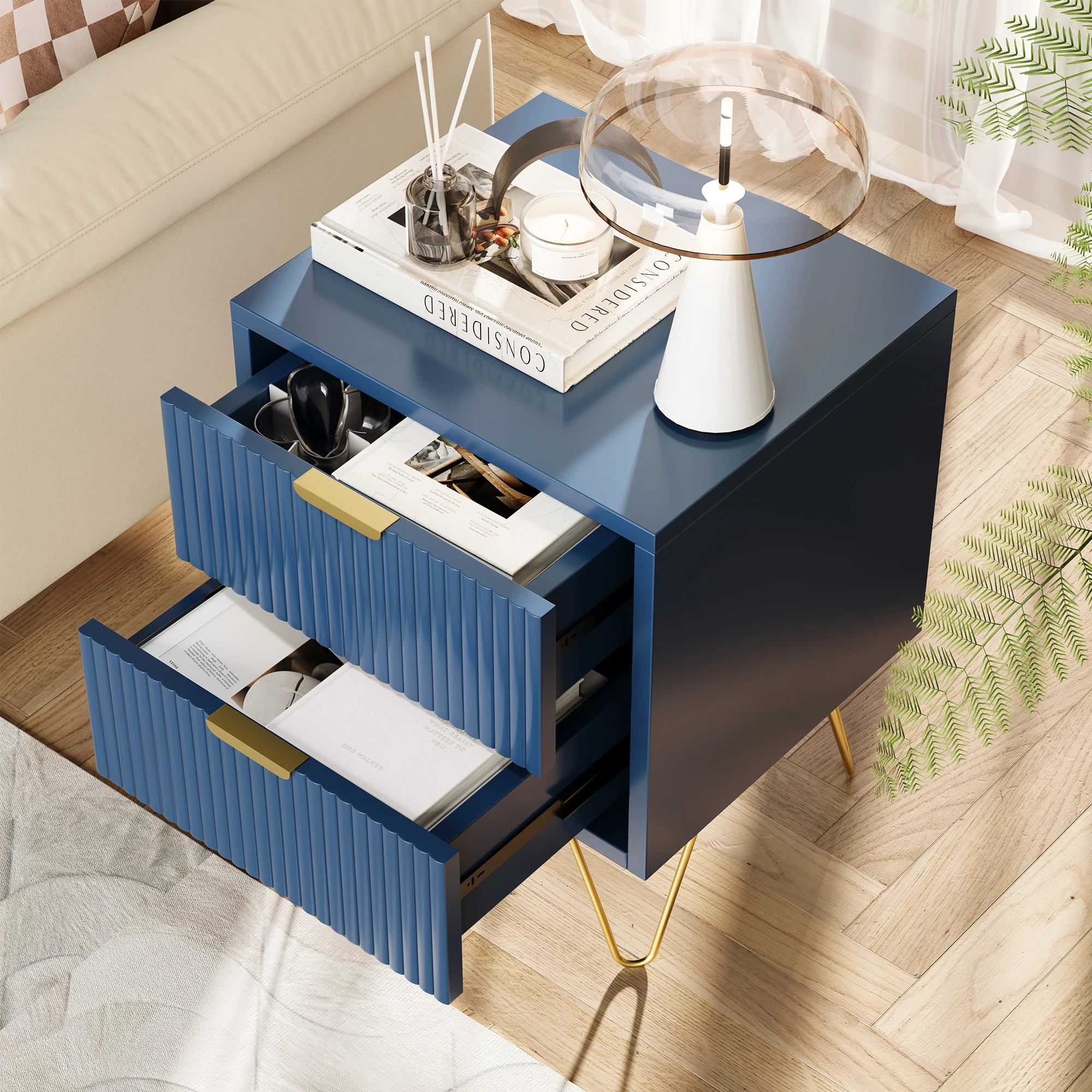 WoodenAura Comodino 2 cassetti e alimentazione in metallo 40x50x35 cm Cassettiera notturna blu scuro Per box Letto a molle Divano tavolo