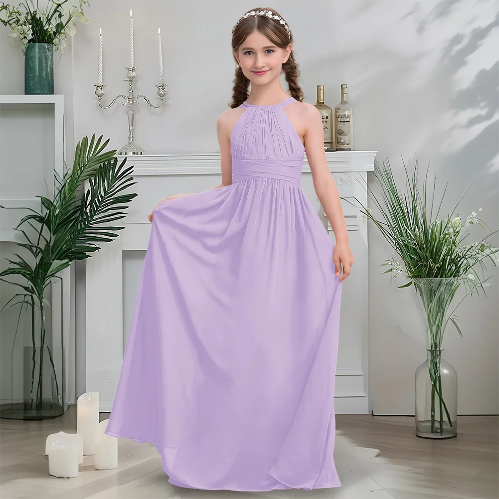 

Luxurious Halter Junior Bridesmaid Dress Mauve Flower Girl Dress Floor-Length Chiffon Sacred Communion Attire Wedding Party