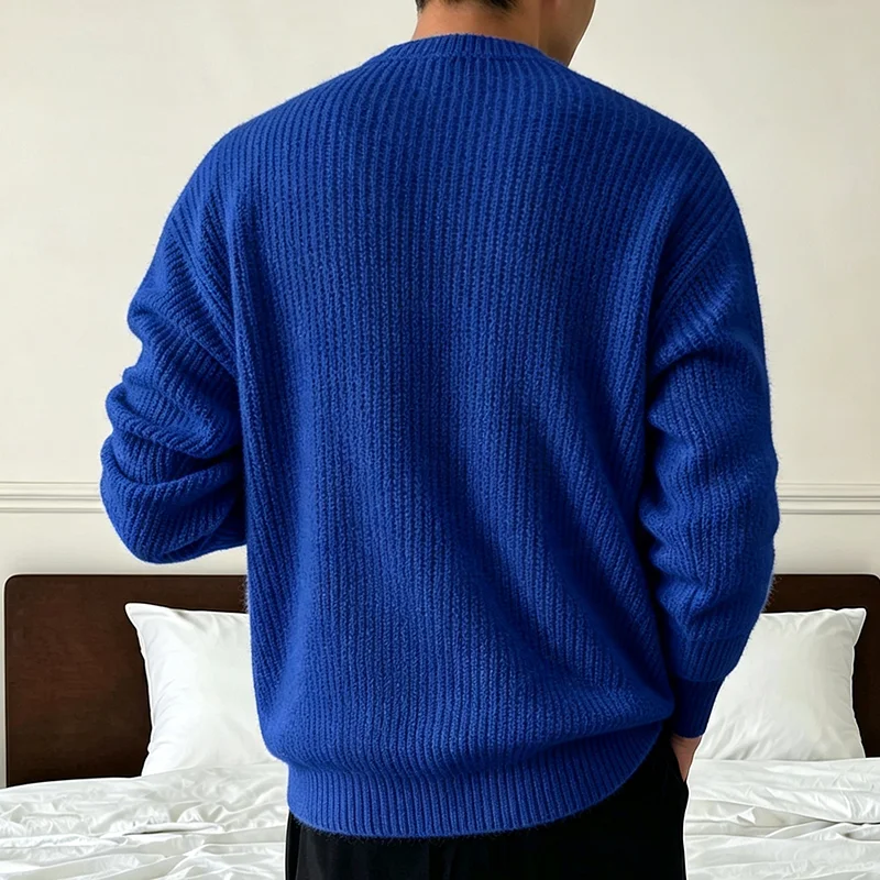 Neuer Herren-Strickpullover in Unifarben für Frühling und Herbst, Lässiger Modischer Pullover mit Gerippter Textur, Langen Ärmeln und Rundhalsausschnitt – Detail 36