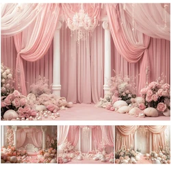 Wedding Bridal Shower Photography Backdrop Pink Flowers Palace Curtain Shells Pearl Princess Birthday Party Photo Background
