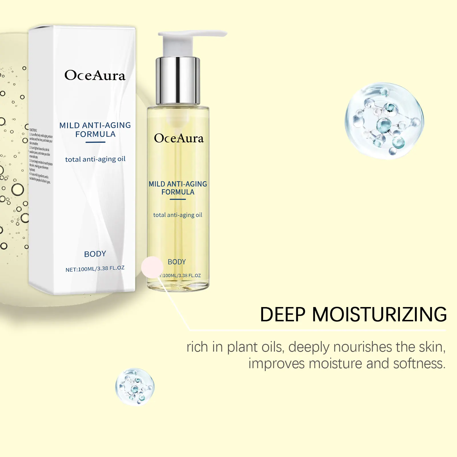 Oceaura زيت العناية بالبشرة للجسم مغذي خفيف يمنع الشيخوخة وإزالة التجاعيد وتحسين النعومة وتقليص المسام وزيت الجسم المرطب