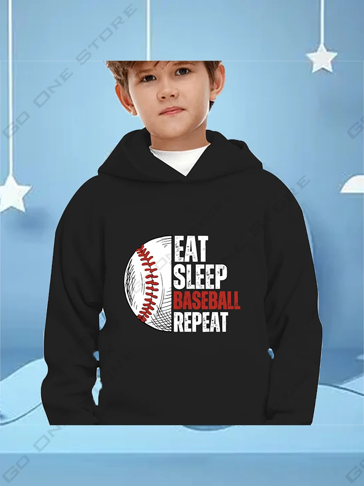 Eat Sleep Baseball Repeat Letter Print Hoodie Boys Hooded Sweatshirt Long Sleeve Pullover Street Retro Hip Hop Sports Jacket