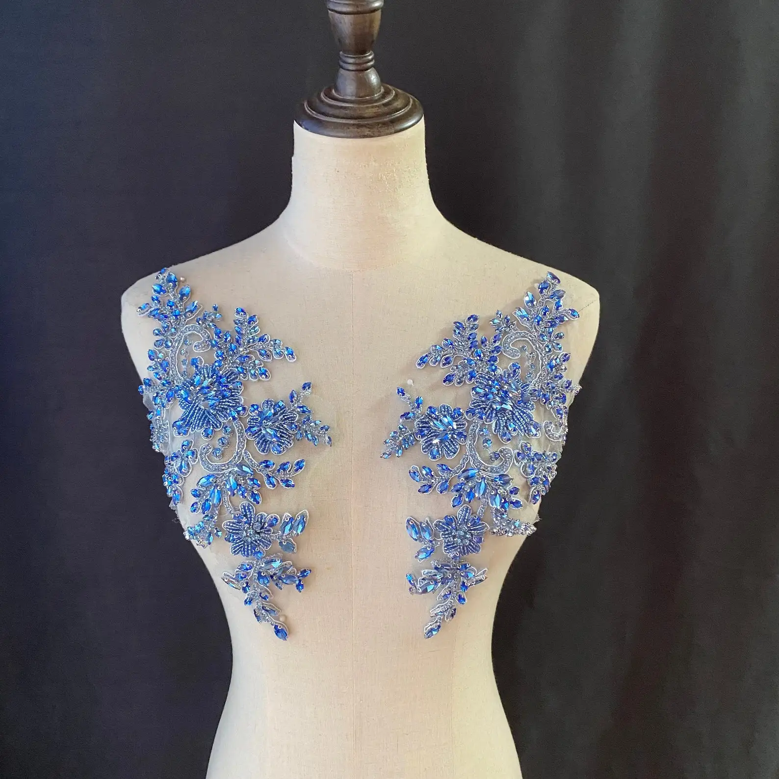 

Blue Rhinestone Appliques With Florals. French Bodice Patch For Couture Dance Costume Bridal Dress Ball Gown