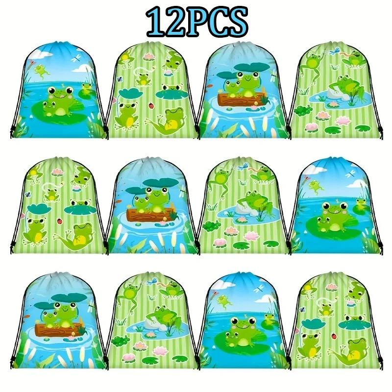 12Pcs Frog Print Drawstring Backpack, Camping Bags Outdoor Bags, Lightweight Sack Bag for Sports Travel Party Storage Gift Suppl