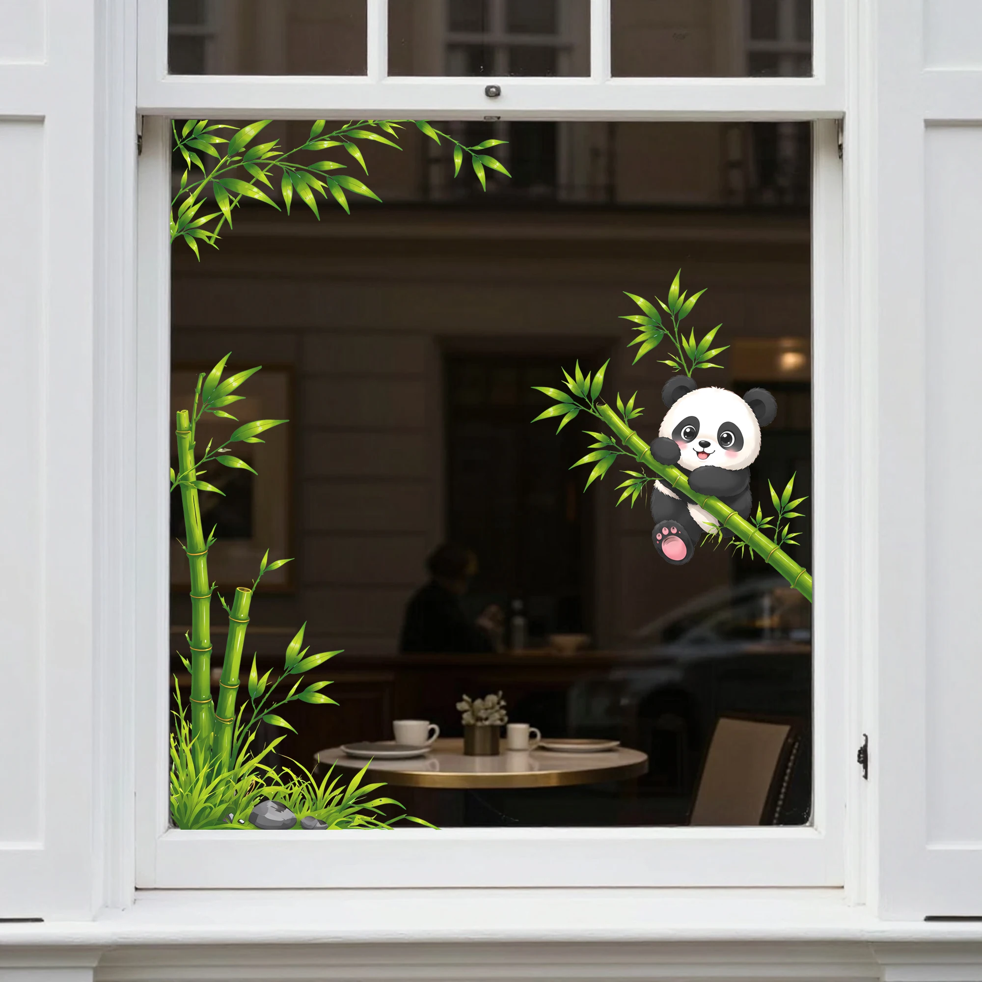 Cute Panda with Bamboo Bathroom Mirror Sticker, Green Leaf Wall Decal for Kids Room Toilet Glass Door Vanity Home Decoration view 4