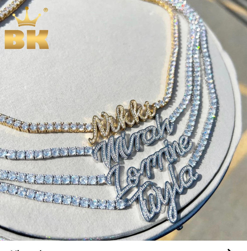 THE BLING KING Custom Cursive Letters Pendant Iced Out Bling Cubic Zircon With 4mm Tennis Chain Necklace Charm Hiphop Jewelry