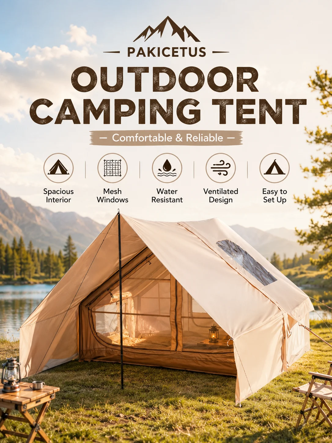 PAKICETUS Aufblasbares Glamping-Zelt, Luxuriöses Outdoor-Campingzelt mit Netzfenstern, Großer Überdachter Wohnbereich, Premium-Familienzelt für Garten, Reisen und Outdoor-Urlaub