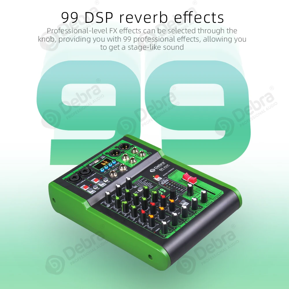 Debra Mixer Audio per Console DJ a 4 canali con riverbero digitale 99DSP Bluetooth 5.0 professionale per la registrazione di PC da palco Karaoke