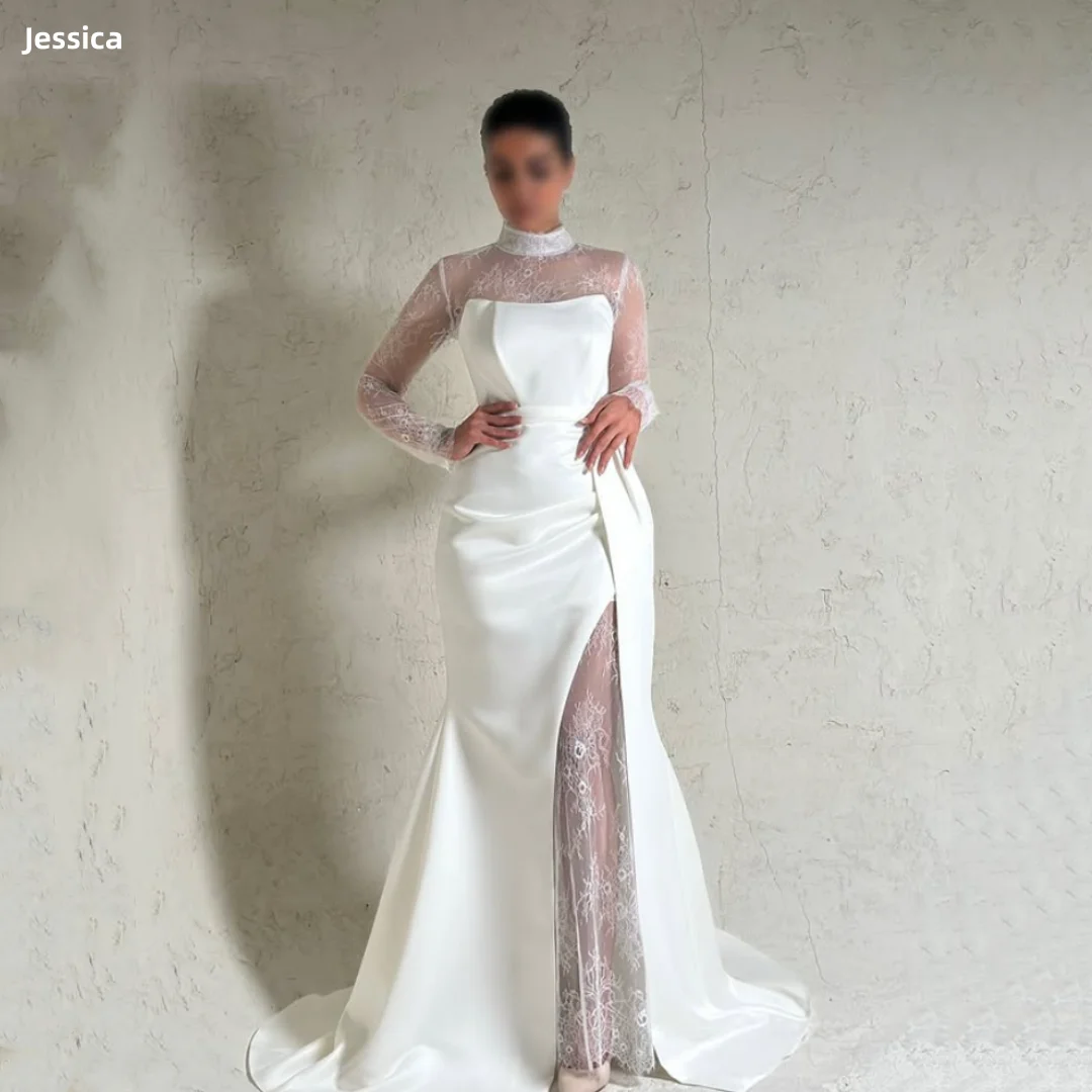 

Jessica High Collar Lace Long Sleeves Evening Dresses Slim-fit Satin Side Slits Prom Dresses Formal Occasions Vestido Festa