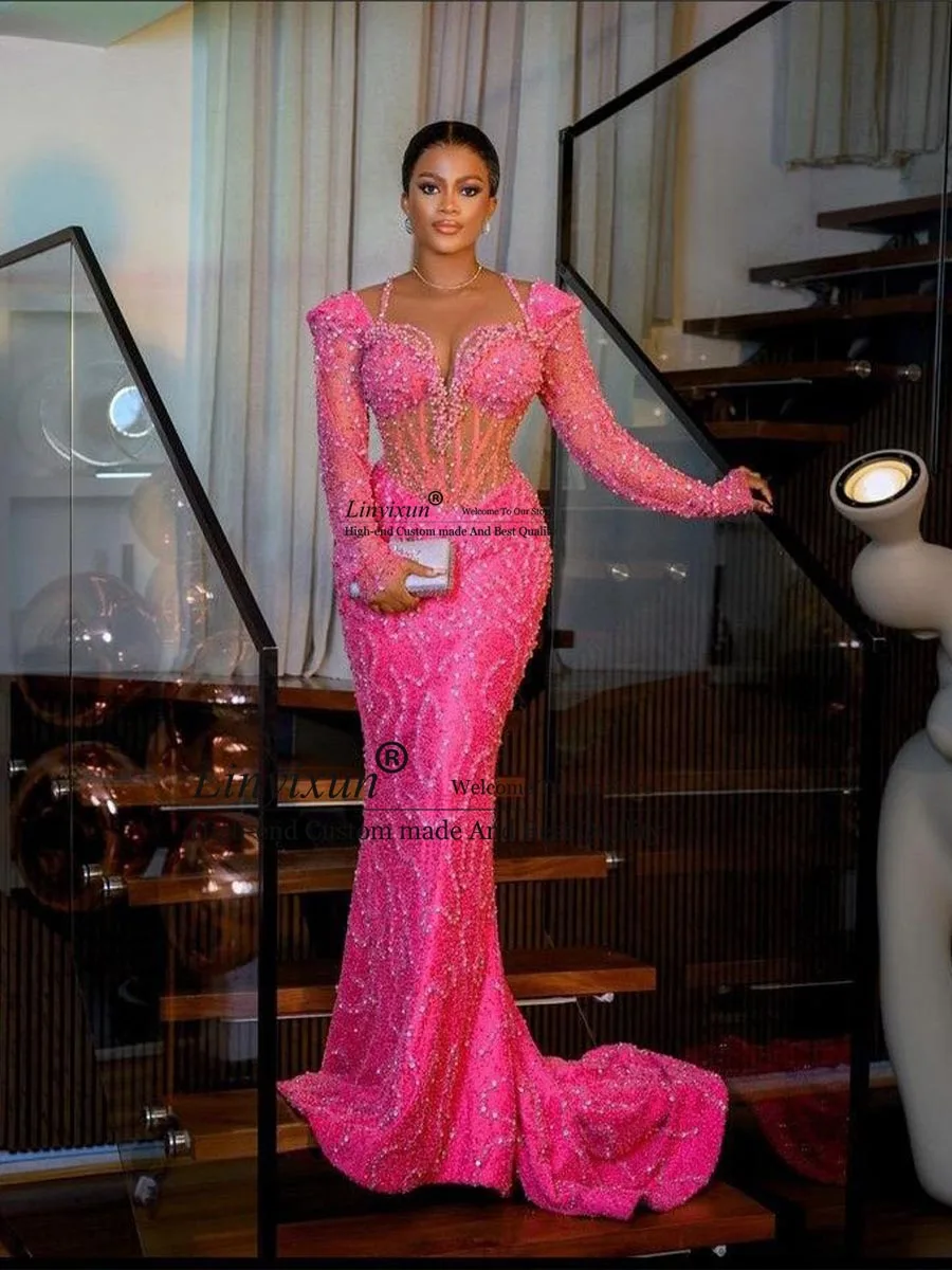 Aso Ebi Luxury Long Sleeve Mermaid Prom Dresses 2023 Crystal Beaded Lace African Evening Gowns Sweep Train Vestido De Noche