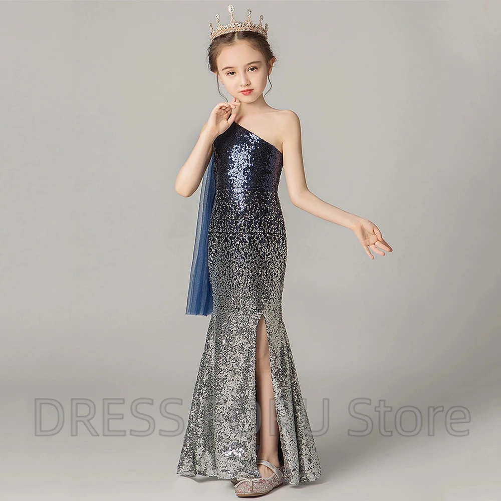 Modern Sequins Flower Girl Dress One Shoulder Sleeveless Mermaid Floor Length Side Slit Baby Birthday Party Custom Made Gowns