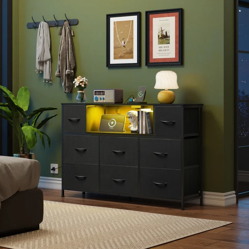 GALAXHERO 8 درج قماش مضمد محطة شحن أضواء LED حامل تلفاز تخزين الصدر رفوف مفتوحة غرفة نوم غرفة المعيشة خزانة