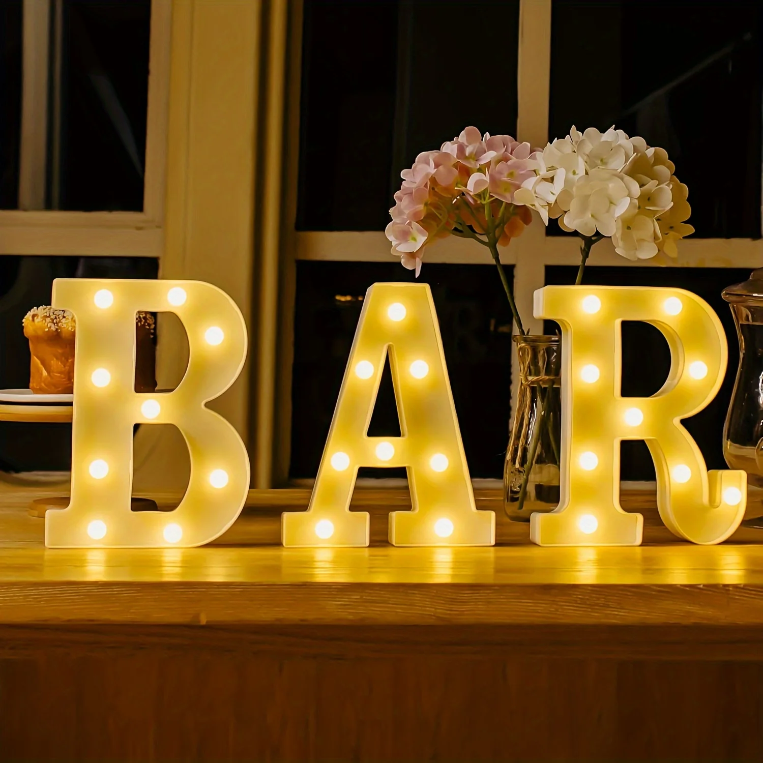 

3-piece set of LED logo letters "BAR" - battery powered warm white light, durable plastic desktop decoration suitable for weddin
