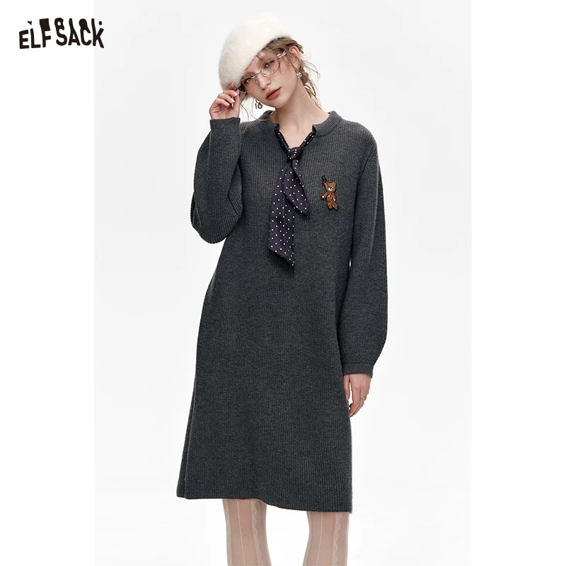 

ELFSACK 2024 Winter New Arrivals Preppy Style Knitted V-neck Straight Dress With Scarf And Bear Patch