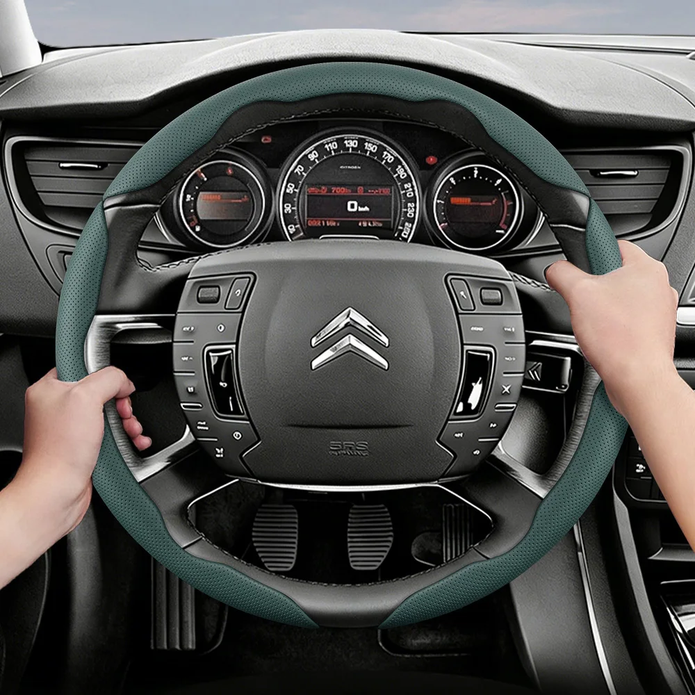 Suitable for Citroen Breathable Leather Steering Wheel Cover with Segmented Quick-Release Design, Non-Slip and Durable, for Models Such as C3, C4 X, Berlingo, C5, Aircross, Jumper, Spacetourer, Ami X, Etc., in Green Color