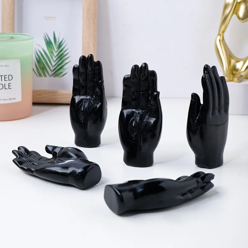 Natural Black Obsidian Carved Evil Eye Hand Reiki Healing Crystal Artwork Energy Balancing Stone for Room Home Decoration Gift