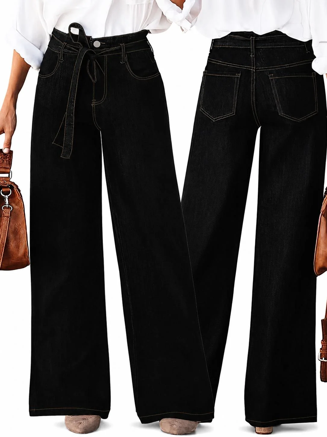 Women's Mid-Rise Adjustable Tie Black Wide-Leg Minimalist Denim Pants - Lady's Style, Solid Color, Loose Drape Stretchy Fabric,