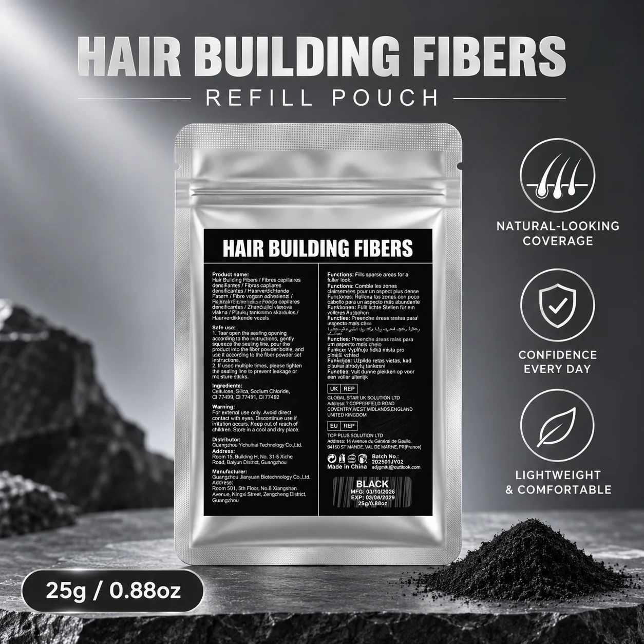 25g Hair Building Fibers Refill Bag Hair Thickening Fiber Powder for Thinning Areas Natural Looking Men Women 7 Colors