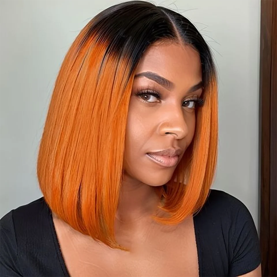 Brown Ginger Ombre Orange Bob Lace Frontal Wig 13x5x1 Lace Frontal Human Hair 180% Density Short Bob Human Hair Wig For Women