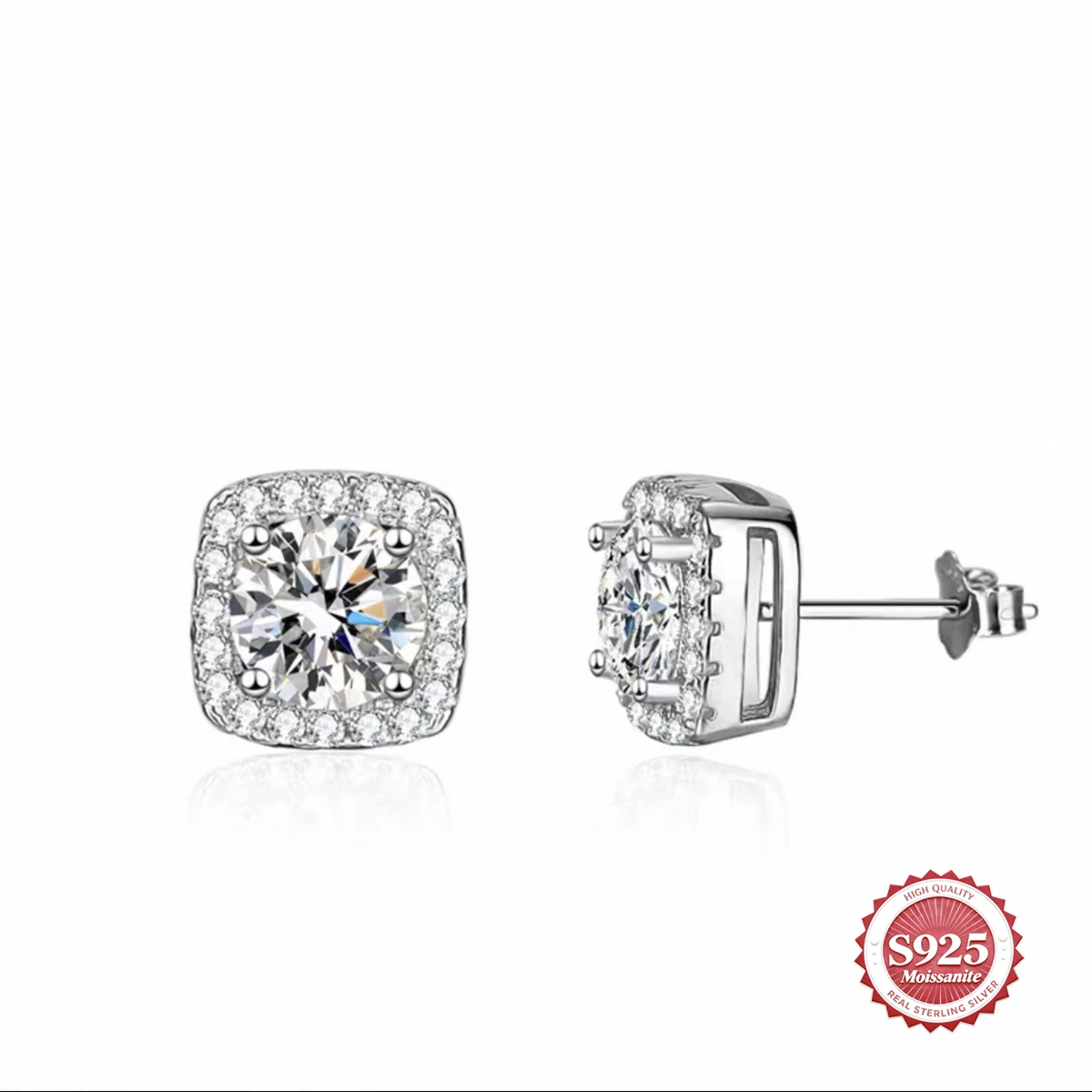 

D VVS Hip Hop S925 Silver Premium Moissanite Stud Earrings Men Women Luxury Geometry Square Halo Synthetic Stone Earrings