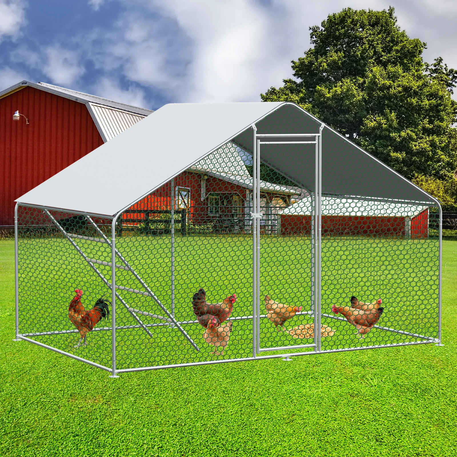 Poulailler extérieur 3x2x2m avec serrure sécurisée et couverture imperméable, enclos métallique pour poulets, lapins et petits animaux