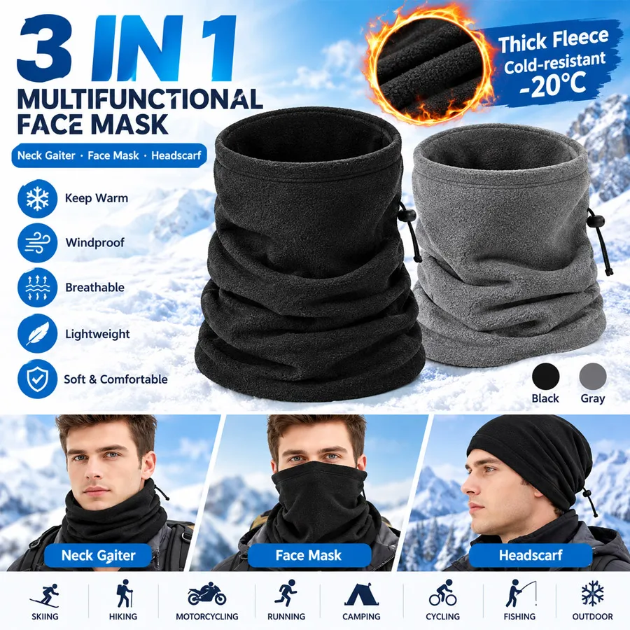 Ski Motorcycle Cycling Winter Neck Gaiter, Unisex Fleece Multi-Functional Balaclava Hat Scarf Mask Black Gray