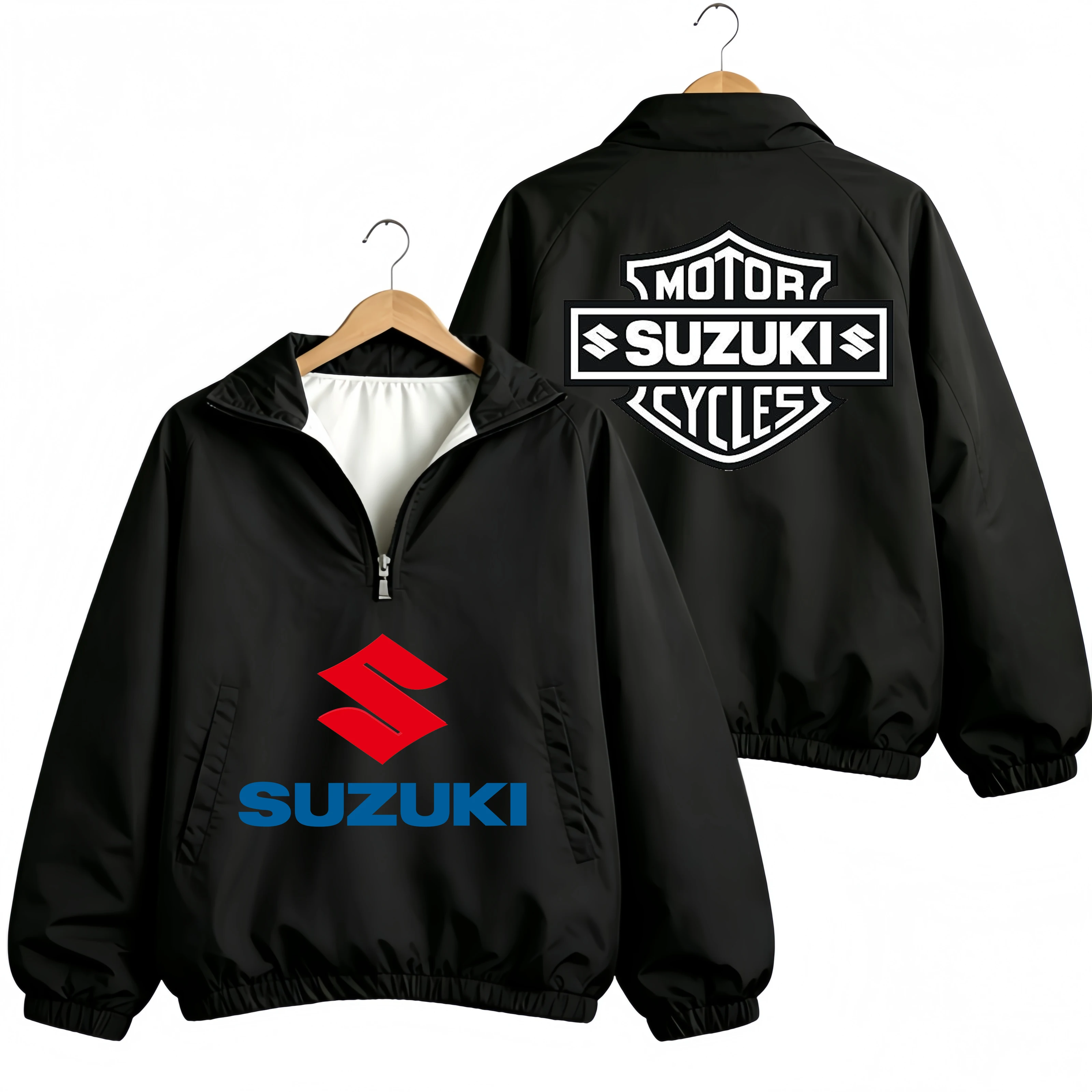 Men Suzuki Motorcycle Half Zip Windbreaker Jacket Casual Stand Collar Motorcycles Rider Printed Coat Outdoor Sport Windproof Lig