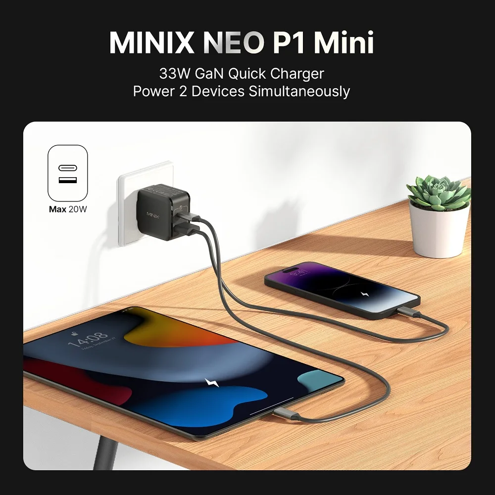 MINIX  P1mini 33W Supe Fast GaN power Charger for Samsung，for iPhone，For Mi, For HUAWEI , USB-C , USB-A QC4+,QC3.0 PD3.0, PPS