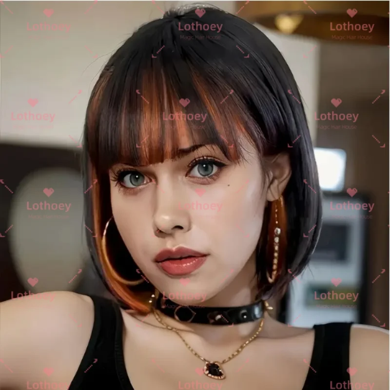 Парик с короткой головой боб с челкой, окрашенный в межцветный парик для косплея, повседневный парик из натуральных волос, натуральный блеск, удобный, дышащий