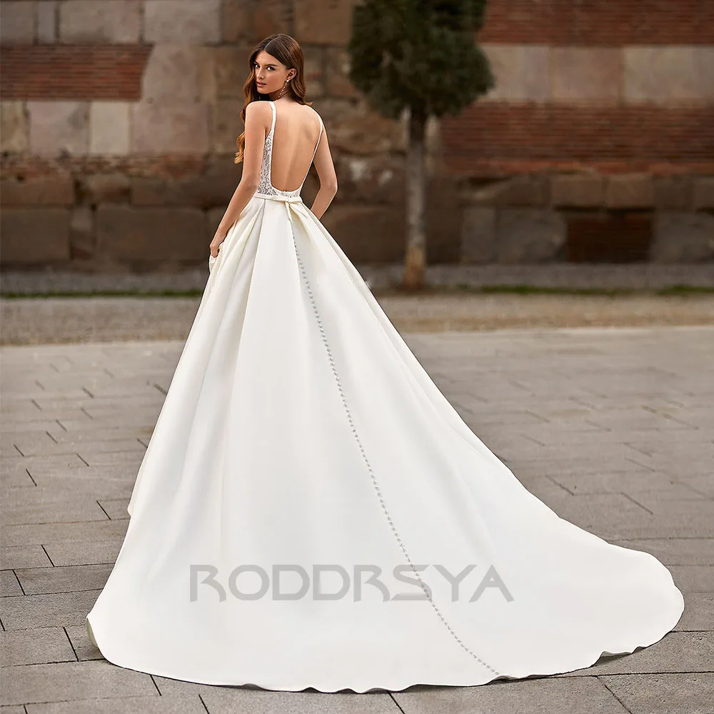 RODDRSYA Simples Vimtage Vestidos De Casamento 2024 Praça Collar Backless Para As Mulheres Vestidos De Noiva Inserível Bolso vestidos de novia Simples Vimtage Vestidos De Casamento 2024 Praça Collar Backless Para As Mu