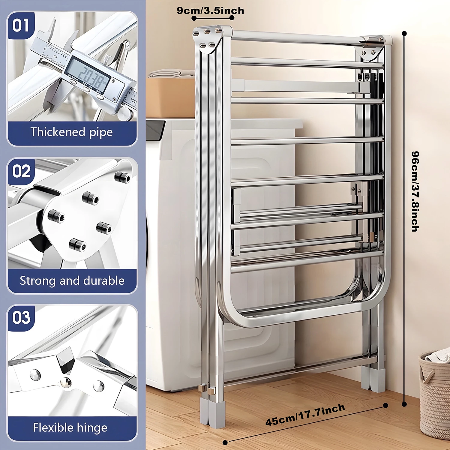 Kleiderständer aus Edelstahl, klappbar mit Seitenflügeln und Schuhablage, höhenverstellbar, platzsparend, robust und langlebig. – Detail 4