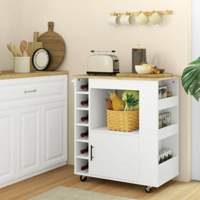 Chariot de cuisine mobile à roulettes finition chêne avec plan de travail, étagères de rangement, porte-bouteilles et charnières de placard à fermeture douce, chariot de service polyvalent pour cuisine et bureau 83×40×83cm
