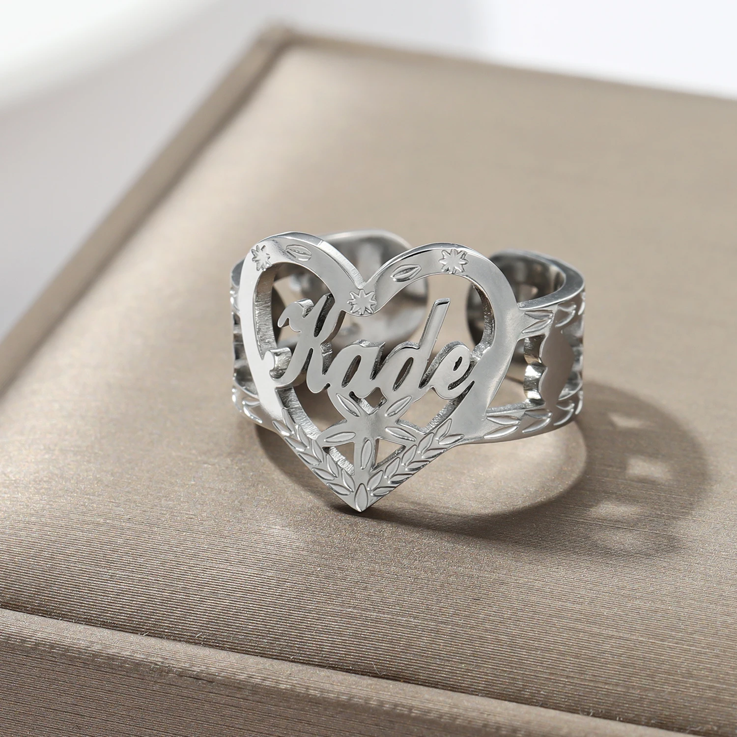 16 MM WOMEN SPARKLING-CUT HEART RING  Stainless Steel Personalized Deep Engraved Pattern Ring Customized Arabic Names For Her
