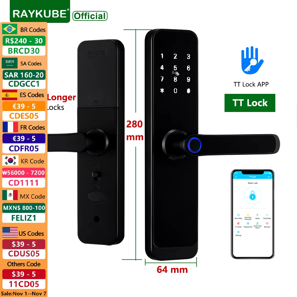 

RAYKUBE K8 TT Lock Smart Door Lock Fingerprint Lock Digital Electric Lock With Longer Larger Handle Panels Doorbell APP Unlock